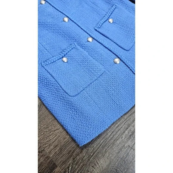 Talbots Tweed Topper Coat Braided Trim Patch Pockets In Blue 4 Petite - Picture 7 of 13